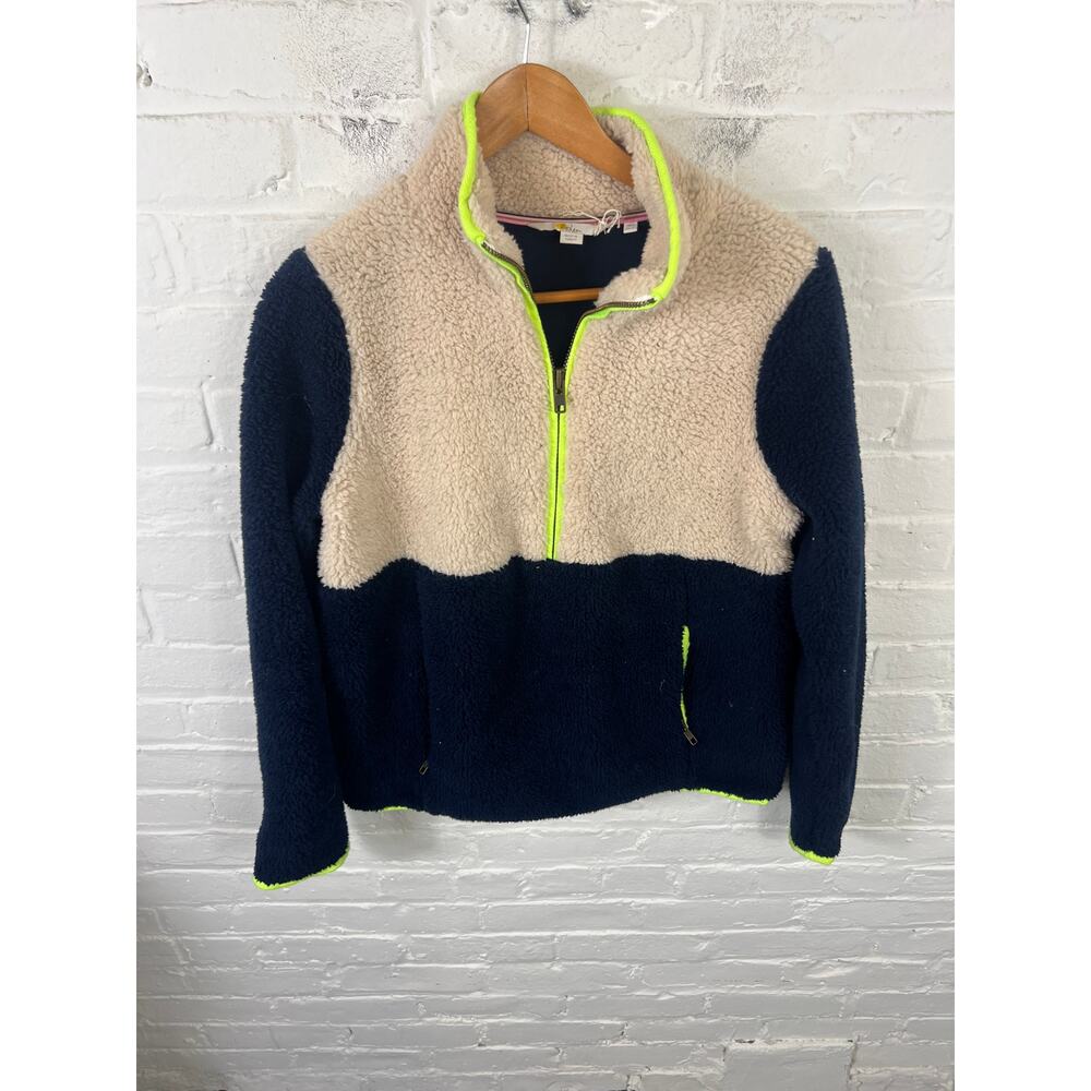 Boden Two-Tone Navy and Cream Sherpa Quarter-Zip Sweater with Neon Trim